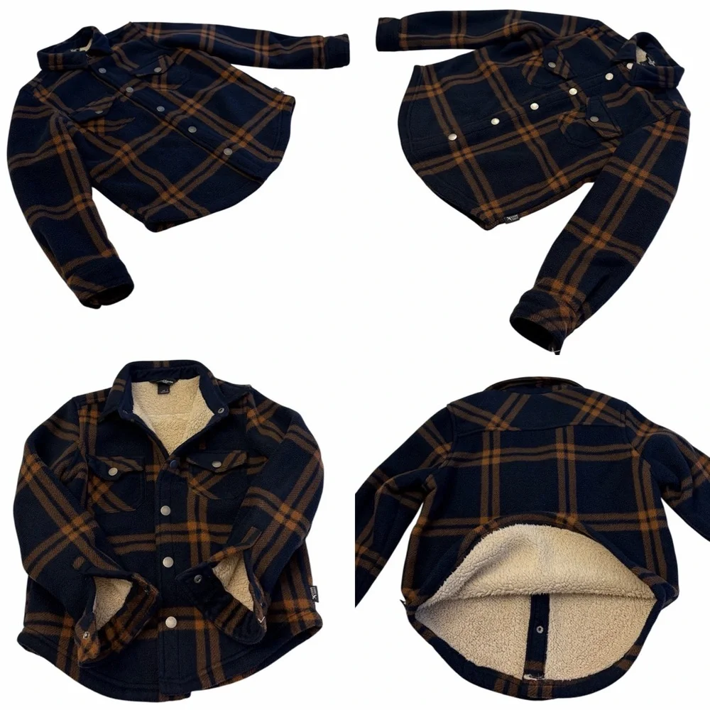 Eddie Bauer Navy Blue and Copper Brown Plaid Button-Up Shirt Jacket Boys 7